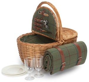 Oval 2 Person Green Tweed Fitted Hamper