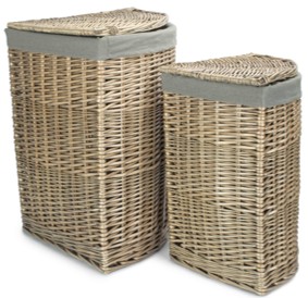 Set of 2 Antique Wash Corner Laundry Basket With Grey Sage Lining 