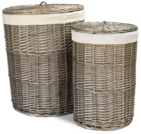 Set of 2 Antique Wash Round Laundry Baskets With White Lining