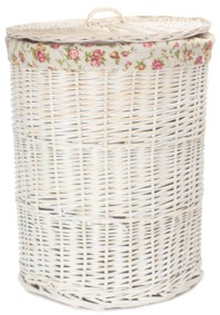 Large Round White Wash Laundry Hamper With Garden Rose Lining
