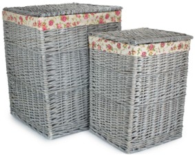 Set of 2 Grey Wash Square Laundry Basket With Garden Rose Lining