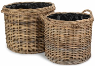 Set of 2 Rope Handled Rattan Round Planter With Plastic Lining 