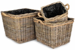 Set of 3 Square Tapered Rope Handled Rattan Planter With Plastic Lining 