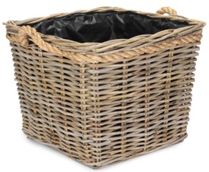 Medium Square Tapered Rope Handled Rattan Planter With Plastic Lining