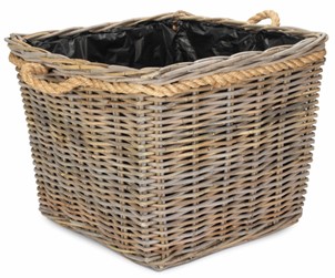 Large Square Tapered Rope Handled Rattan Planter With Plastic Lining